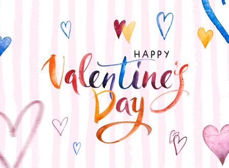 Happy Valentines day Banner. Watercolor Hand drawn brush pen lettering and Hearts on background. Design holiday greeting card and invitation of wedding, Happy mother day, birthday, Valentines dayの写真素材