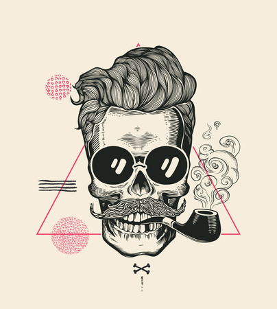 Hipster Skull Smoke Pipe Vector Illustration Print. Cool Mustache Skeleton Face in Sunglasses. Urban Modern Hair T-Shirt Print Monochrome Sailor Head Black Death Silhouetteの写真素材