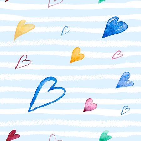 Hand-drawn doodle seamless pattern with hearts. on a blue striped background Can be used for wedding invitation, card for Valentines Day or Wear Fashion Design.の写真素材