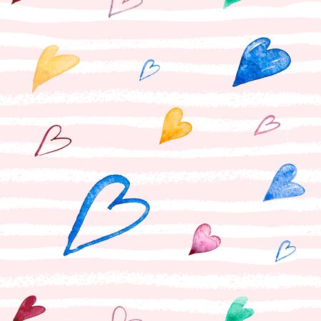 Seamless pattern with hand painted watercolor hearts on pink striped background. Perfect for romantic occasions such as Valentines day.の写真素材