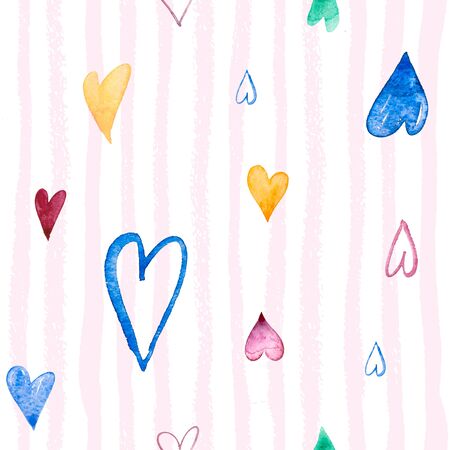 Hand-drawn doodle seamless pattern with hearts. on a striped background Can be used for wedding invitation, card for Valentines Day or card about love.の写真素材