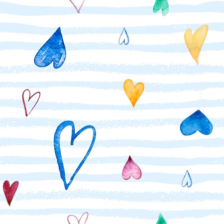 Watercolor Hand-drawn doodle seamless pattern with hearts. on a blue striped background Can be used for wedding invitation, card for Valentines Day or Wear Fashion Design.の写真素材