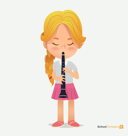 Blonde Girl Tress in Pink Skirt Play on Trumpet. Music Acoustic Teenage Jazz Festival. Yong Funny Star. Kid Creative Orchestra. Classroom Children Education Flat Cartoon Vector Illustrationのイラスト素材