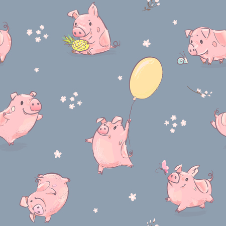 2019 New Year Pink Pig in Flowers Seamless Pattern. Chinese Zodiac Culture Tradition. Decoration Christmas Background. December Holiday Week. Animal Art Collection Flat Cartoon Vector Illustrationのイラスト素材