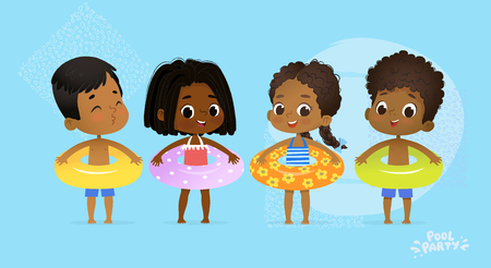 Happy Multicultural Friend Swimming Pool Party. International Character with Blue Yellow and Orange Ring on Fun Sea Resort. Afro American Kids Relax Summer Vacation Flat Cartoon Vector Illustrationのイラスト素材