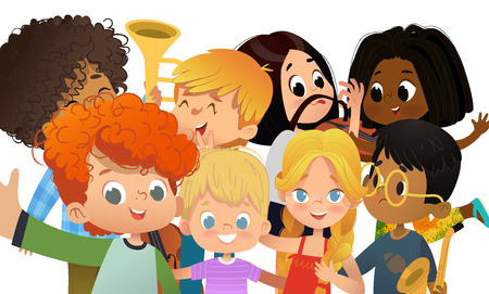 Group of school friends taking selfie. Multicultural Boys and Girls shoot themself on smartphone. Kids fooling around on camera. Group kids portrait. Vector illustrationのイラスト素材