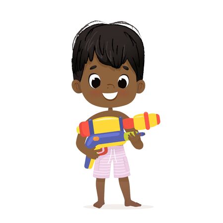 Smiling Cute African-American Baby Boy With a Toy Water Gun Posing. Pool Party Character with a Toygun. Beach Dark Skin Boy Character Isolated.のイラスト素材