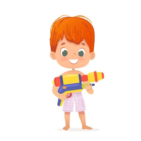 Smiling Cute Red Hair Baby Boy With a Toy Water Gun Posing. Pool Party Character with a Toygun. Beach Boy Character Isolated.のイラスト素材