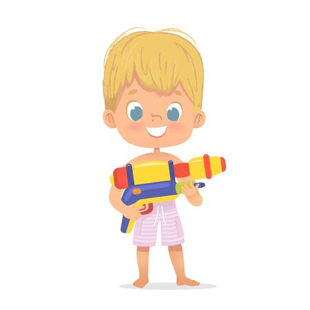 Smiling Cute Blond Baby Boy With a Toy Water Gun Posing. Pool Party Character with a Toygun. Beach Boy Character Isolated.のイラスト素材