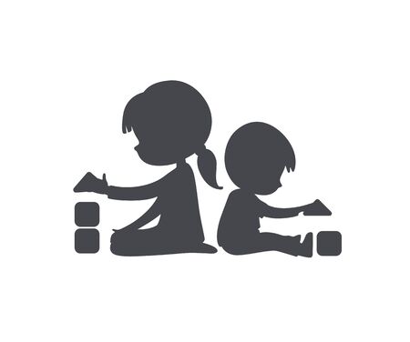 Simple Silhouette of Boy and Girl playing with toy blocks. Can be used as logo or sign. Vector Black and white illustration. isolated.のイラスト素材