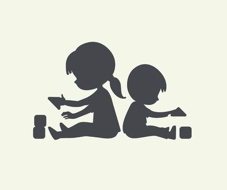 Black and white illustration of Boy and Girl playing with toy blocks. Simple Monochrome Silhouette. Can be used as logo or sign. Vector . isolated.のイラスト素材