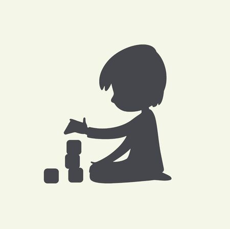 Silhouette of Baby Boy playing with toy blocks. Can be used as logo or sign. Vector Black and white illustration. isolated.のイラスト素材