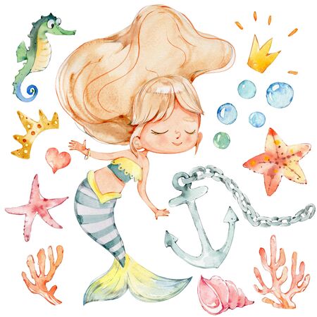 Mermaid Watercolor Character Starfish Ocean Kit. Young Underwater Woman Nymph Beauty Adorable Mythology Princess. Mythical Aquatic Isolated Siren Painting. Sea Set Flat Cartoon Illustrationの写真素材
