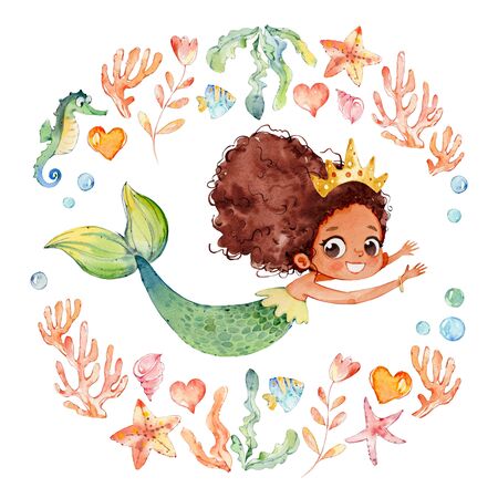 African American Baby Watercolor Mermaid Surrounded by Frame of sea elements, Sea Horse, corals, bubbles, seashells, anchor, seaweeds. Ocean Kit. Young Underwater Woman Nymph Grace Mythology Princess. Mythical Aquatic Isolated Baby Siren Painting.の写真素材
