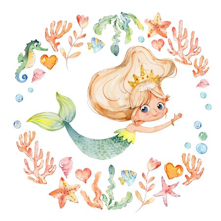 Mermaid Watercolor Surrounded by Frame of sea elements, Sea Horse, corals, bubbles, seashells, anchor, seaweeds. Ocean Kit. Young Underwater Woman Nymph Grace Mythology Princess. Mythical Aquatic Isolated Baby Siren Painting.の写真素材