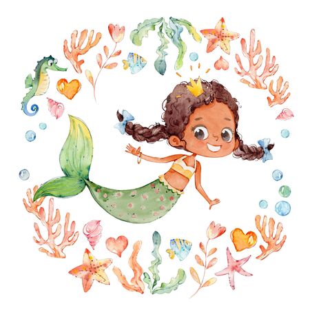 Cute African American Watercolor Mermaid Surrounded by Frame of sea elements, Sea Horse, corals, bubbles, seashells, anchor, seaweeds. Ocean Kit. Young Underwater Woman Nymph Grace Mythology Princess. Mythical Aquatic Isolated Baby Siren Painting.の写真素材
