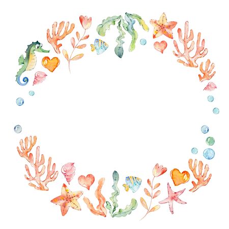 Frame of sea elements, Sea Horse, corals, bubbles, seashells, anchor seaweeds Ocean Kitの写真素材