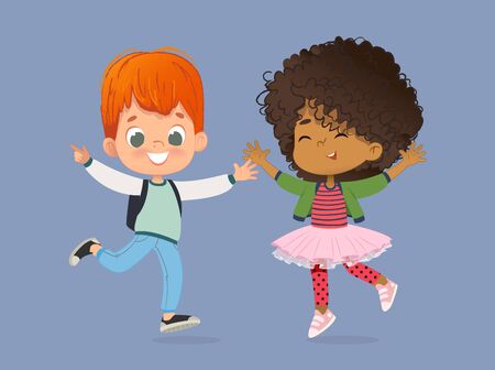 School Kids Boy and girl are happily jump together. Kids Play at the grass. The concept is fun and vibrant moments of childhood. Vector illustrations.の写真素材