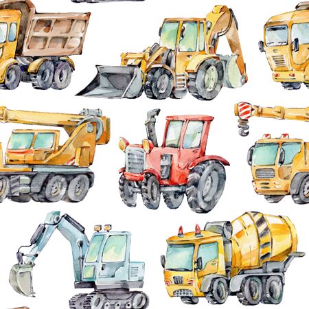 Watercolor seamless pattern with colorful little toy cars. Trucks and Cars Watercolor Background for Kids. Red tractor, Excavator, Digger machine, Building machines, Concrete Mixer.の写真素材