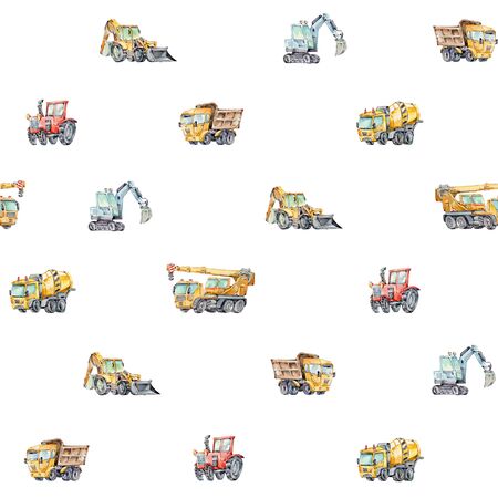Watercolor seamless pattern with colorful little toy cars. Trucks and Cars Watercolor Background for Kids. Red tractor, Excavator, Digger machine, Building machines, Concrete Mixer.の写真素材