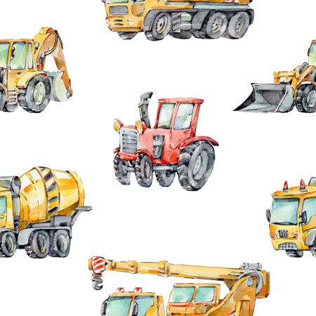 Watercolor Background for Kids with with little toy Building Machines. Watercolor seamless pattern Trucks and Cars. Red tractor, Excavator, Digger machine, Concrete Mixerの写真素材