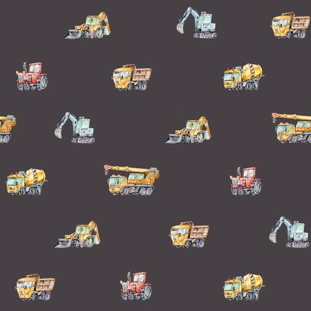 Watercolor seamless pattern with colorful little toy cars. Trucks and Cars Watercolor Background for Kids. Red tractor, Excavator, Digger machine, Building machines, Concrete Mixer.の写真素材