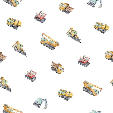 Watercolor seamless pattern with colorful little toy cars. Trucks and Cars Watercolor Background for Kids. Red tractor, Excavator, Digger machine, Building machines, Concrete Mixer.の写真素材