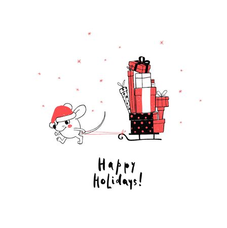 Happy Holidays Greeting Card. 2020 Funny White Mouse Wear Santa Claus Hat Carries Sleds with Gifts and Presents. Comic. Animal cartoon black and white illustration.のイラスト素材
