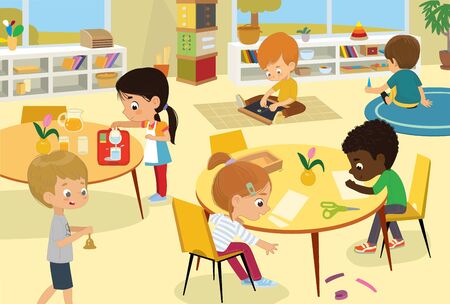 Montessori School Class. Vector illustrations of children in the playroom, boys and girls involved in Montessori activities, sew, make a collage, pour water, walking with the bell, and have fun. Kids drawings for poster, background or card.のイラスト素材