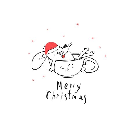 Merry Christmas and happy New Year Greeting Card. 2020 Funny White Santa Claus Mouse or Rat Takes Bath in a Cup. Comic Animal cartoon black and white illustration.のイラスト素材