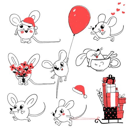 Set of White Santa Claus Mouses or Rats on a different Poses. Mouse Flies in a Balloon. Mouse with the bouquet, mouse in a Cup. Mouse with the presents. Merry Christmas and happy New Year Greeting Card 2020のイラスト素材