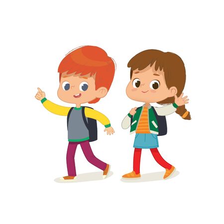 Vector illustration of two kids in school uniform going to schoolのイラスト素材