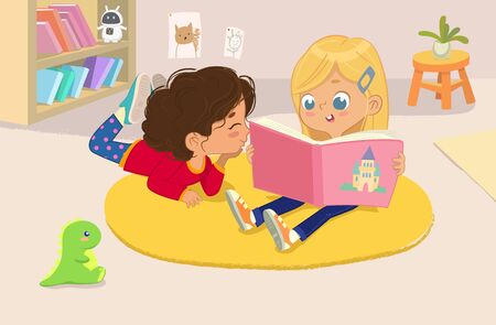 illustration of two girls reading the book in a book corner in the kindergarten.のイラスト素材