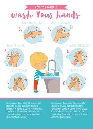 Illustration of a aboy washing his hands on a white background. Wash your Hands Properly Step Poster Infographic illustration.のイラスト素材