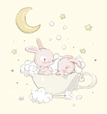 Cute little bunnies take baths in a cup. Funny rainbow, foam and clouds on the background. Cartoon hand drawn vector illustration. Can be used for baby t-shirt print, fashion print design, kids wear, baby shower celebration, greeting and invitation card.のイラスト素材
