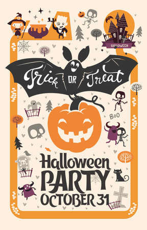 Holiday Happy Halloween flyer template with funny cartoon smiling bat with spread wings and Trick or Treat lettering carrying carved Halloween pumpkin against orange backgroundの写真素材