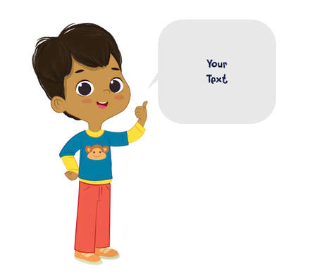 Vector illustration of the cute brown hair Latino boy pointing at a bubble with place for text. Preschool boy. School boy and speech bubble with place for text isolated on white background..のイラスト素材