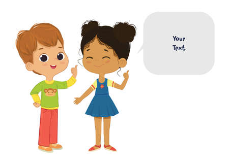 Vector illustration of the cute boy and girl pointing at a bubble with place for text. Preschool children boy and girl. School kids and speech bubble with place for text isolated on white background..のイラスト素材