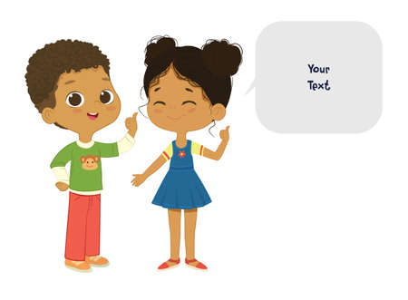 Vector illustration of the cute African American boy and girl pointing at a bubble with place for text. Preschool children boy and girl. School kids and speech bubble with place for text isolated on white background..のイラスト素材
