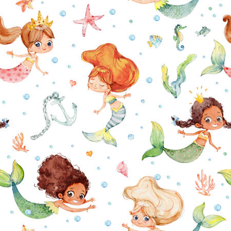 Seamless watercolor pattern with cute multiracial girls mermaids, sea elements, sea stars, fishes, flowers etc Girls Mermeids Pattern on a whiteの写真素材