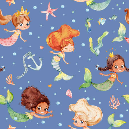 Seamless watercolor pattern with cute multiracial girls mermaids, sea elements, sea stars, fishes, flowers etc Girls Mermeids Pattern on a blueの写真素材