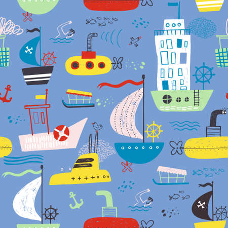 Kiddish cute seamless with baby bright cartoon boat, yacht, hovercraft, water-bus, steamship, cruise, submarinepattern baby design for fabric, print, wrapper, textile.のイラスト素材