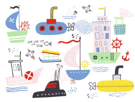 Funny cute hand drawn kids toy water transport for nursery decoration. Baby bright cartoon boat, yacht, hovercraft, water-bus, steamship, cruise, submarine vector seamless pattern on white background.のイラスト素材