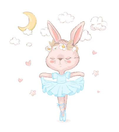 Sweet dancing ballerina bunny illustration. Little rabbit wearing blue dancing under the moon and stars. Can be used for t-shirt print, kids wear fashion design, baby shower invitation card.のイラスト素材