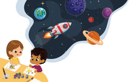 Cute preschool kids draw planets and imagine their self travel on the rocket. Space, rockers stars,...
