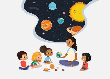 Female teacher demonstrates Earth model to children and tells them about universe children sit on floor in circle and listen to her. Preschool activities and early childhood education. Vector illustration for poster, website.のイラスト素材