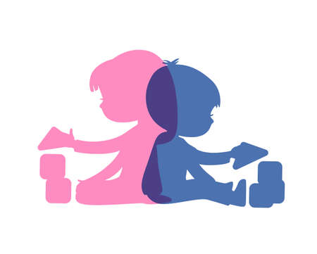 Illustration of Boy and Girl playing and learning with toy blocks. Simple Monochrome Silhouette.のイラスト素材