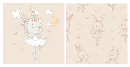 Seamless pattern with the sweet dancing cartoon ballerina bunny. Hand drawn vector illustration. Can be used for baby t-shirt print, kids fashion design, baby shower card.の写真素材