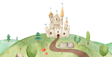 Fary tale watercolor background with firs and trees. Path leading to the castle on a hill.の写真素材