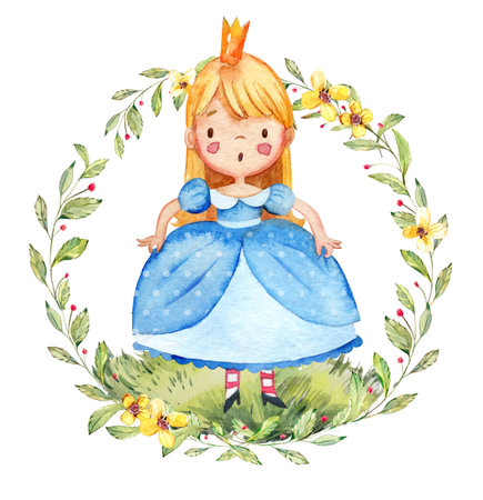 Watercolor illustration of a cute little princess in a blue dress. Little girl surrounded by watercolor wreath. Isolated.の写真素材